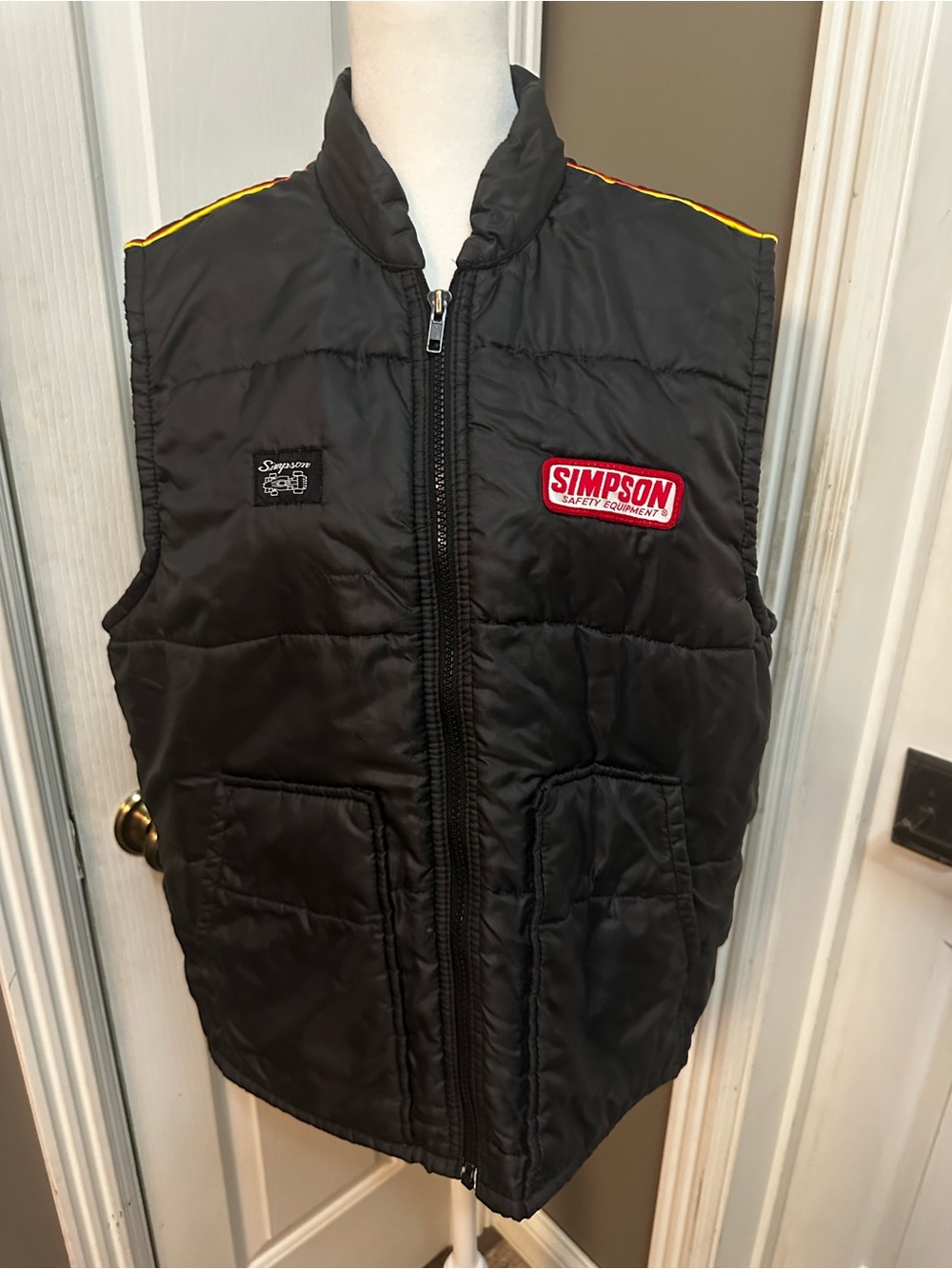 Vintage 80s Style Simpson Men's Black Quilted Puffer Vest with Colored Trim